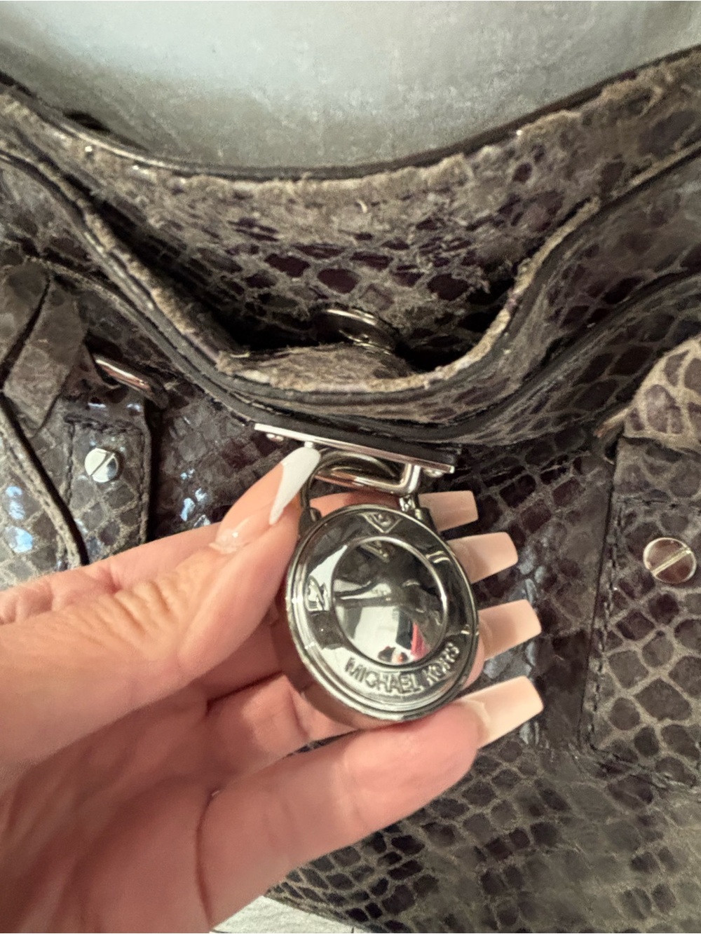 Authentic Michael Kors Gray Snakeskin-Embossed Satchel with Silver Hardware - Picture 3 of 11